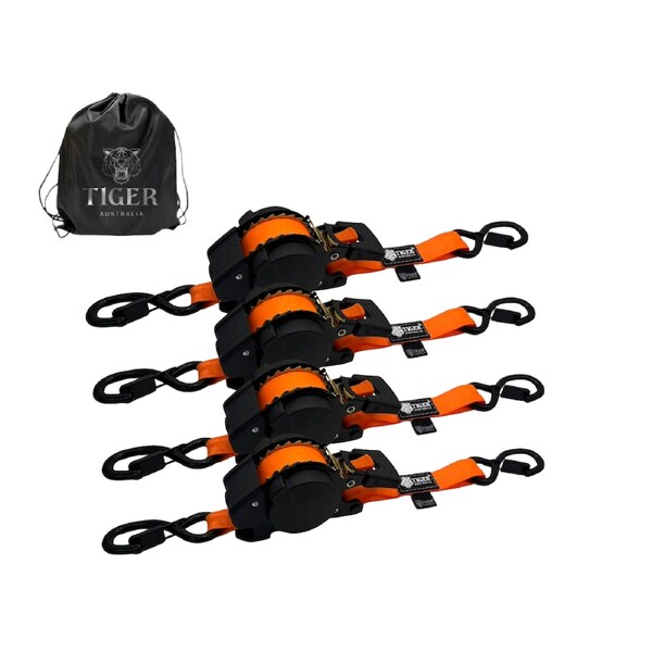 Tiger Australia 25mm x 4.5m New Auto Slow-Retracting Design Ratchet Straps 4-Pack Orange