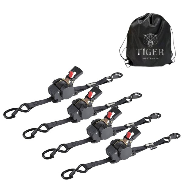 Tiger Australia 25mm x 4.5m New Auto Slow-Retracting Design Ratchet Straps 4-Pack Black