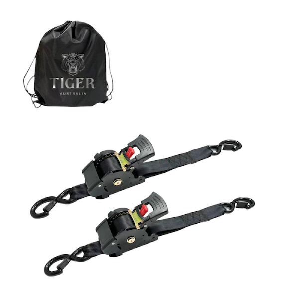 Tiger Australia 50mm x 4.5m Heavy Duty Auto Retractable Ratchet Straps 2-Pack Black