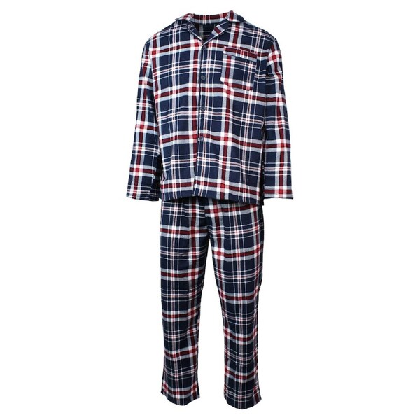 Mens Flannelette Pyjama Set Sleepwear Soft 100% Cotton PJs Two Piece - Navy/Red Check 3XL