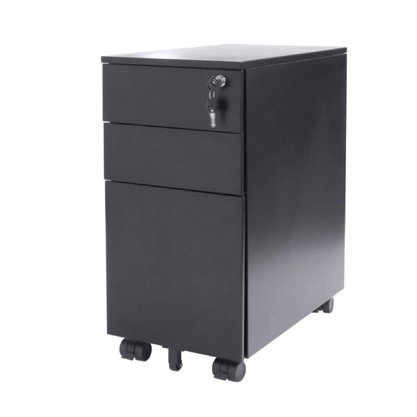 GO Slimline Steel Mobile Pedestal - Compact Lockable Under Desk Storage on Wheels Black