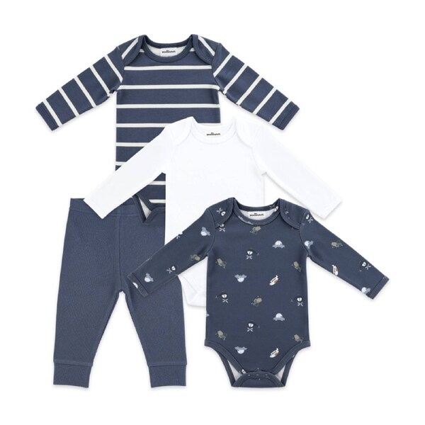4pc The Peanutshell Baby Long Sleeve Bodysuit & Leggings Set Blue/White 0