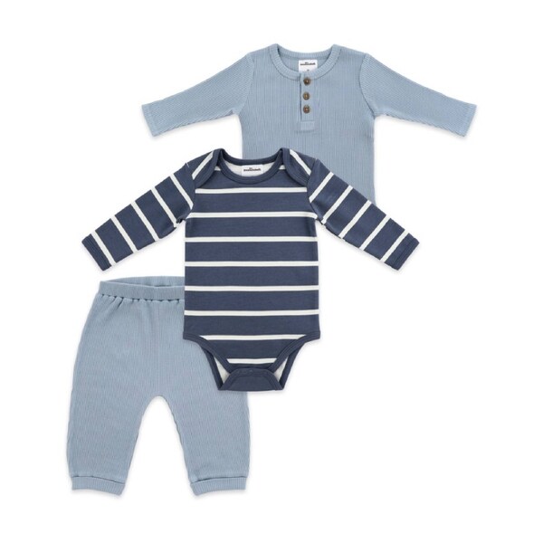 3pc The Peanutshell Baby Buttoned Top & Pant W/ Striped Bodysuit Ribbed Blue 0
