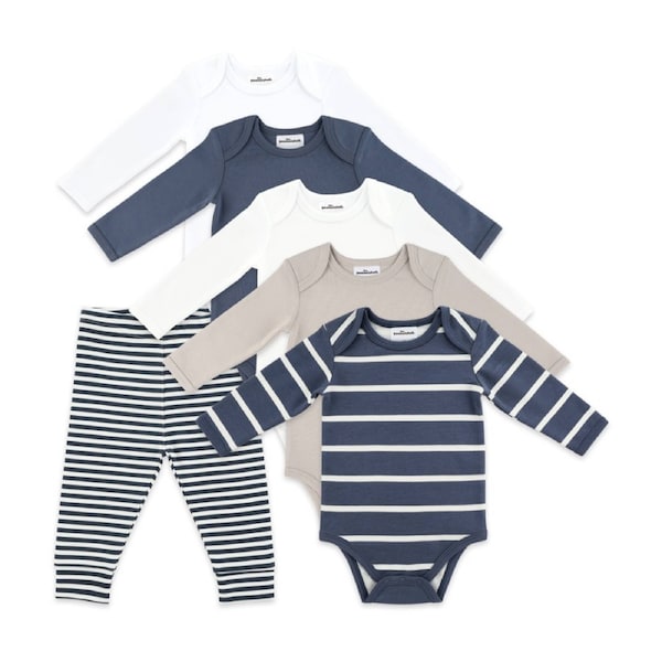 6pc The Peanutshell Baby Long Sleeve Bodysuit & Leggings Basics Cotton Blue 0