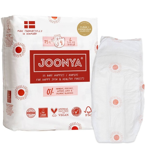 Joonya Baby Nappies, Made in Denmark Size 4 - L (7-14kg) / 1 Bag of 25