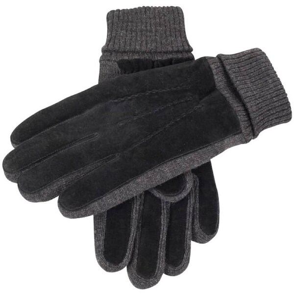 Mens Pigsuede Winter Gloves Acrylic Knit Cuff Fleece Lined Warm - Black/Charcoal X-Large