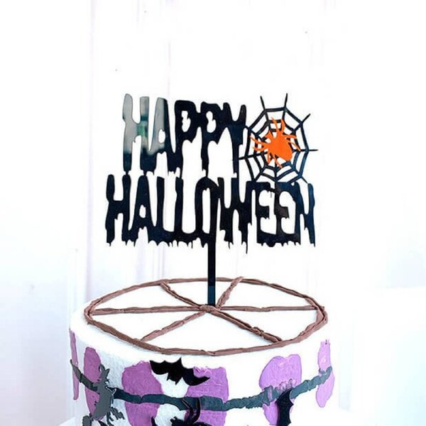 Acrylic Happy Halloween Cake Topper - Black & Orange Style 3