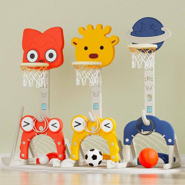 Keezi Kids Basketball Hoop Stand Adjustable Multi-in-1 Sports Activity Center Toys Set Yellow Giraffe