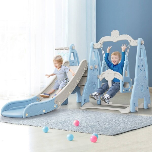 Keezi Kids Slide Swing Set Outdoor Toys Playground Activity Basketball Hoop Blue and grey
