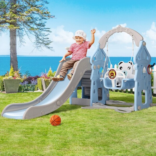 Keezi Kids Slide Swing Set Outdoor Toys Playground Activity Basketball Hoop Grey and blue