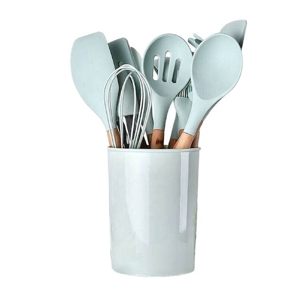 Silicone Cooking Utensils Set with Wooden Handles - 12pcs Mint