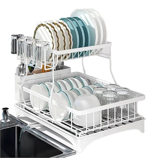 Over Sink Dish Drainer with Cup Holder Two-Tier Kitchen Rack White