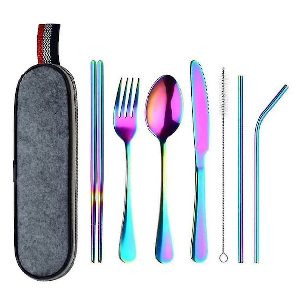 8-Piece Portable Stainless Steel Travel and Camping Cutlery Set Rainbow