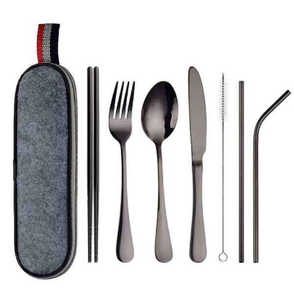 8-Piece Portable Stainless Steel Travel and Camping Cutlery Set Black