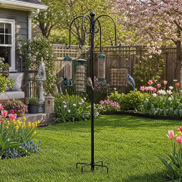 Toque Bird Feeder Station Pole Stand Adjustable 8 Hooks Feeders Outdoor 224cm Stand with 4 Feeders