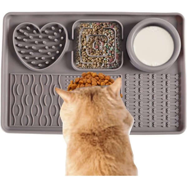 Velocity Cat Lick Mats, Silicone Puzzle Feeder, Non-slip Slow Feeder Bowl Gray