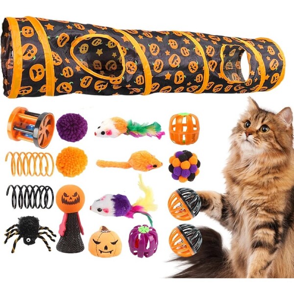 Velocity Cat Toy Set with Tunnel, Cat Tunnel with Toy, Foldable Halloween Cat Tubes with Cat Toy B99674 16pcs