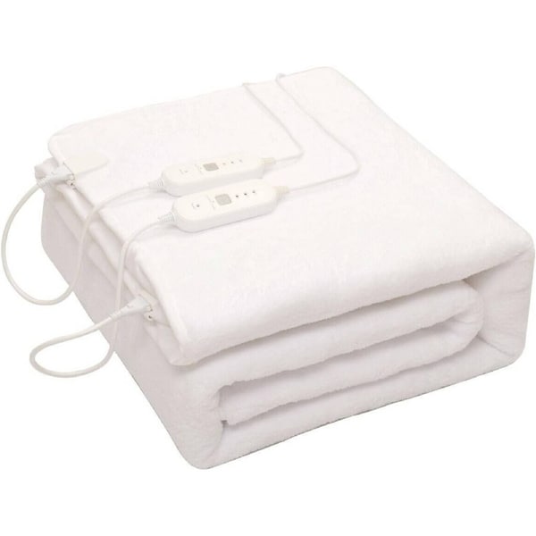Grozy White Electric Blanket Double Sides Fleece Warm Soft Heated Under Pad Fully Fitted, Overheat Protection Adjustable 3 Heat Settings Detachable Controller Single Double Queen Queen