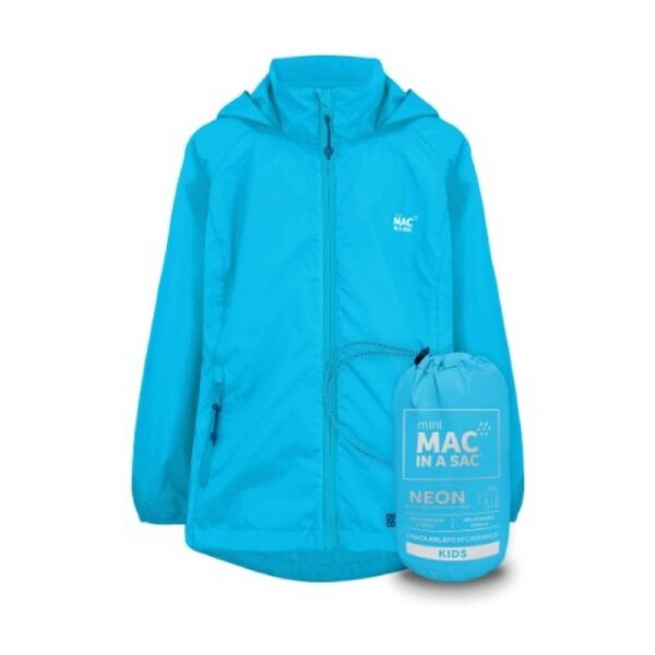 Mac In A Sac Kids Mini Neon 2 Packable Jacket Waterproof Blue 11-13YR