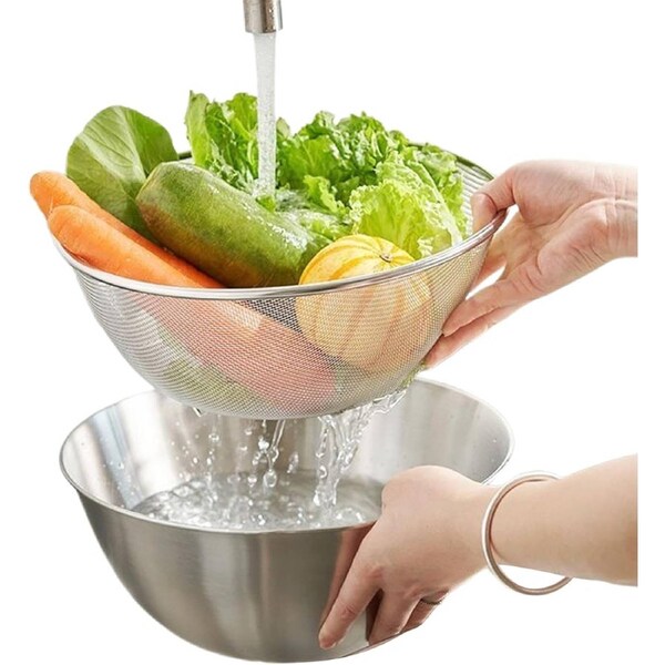 Velocity Stainless Steel Colander Set - Grains Rinser Colander - Pasta Straining Rinse, Rice Washer Strainer with Mixing Bowl B