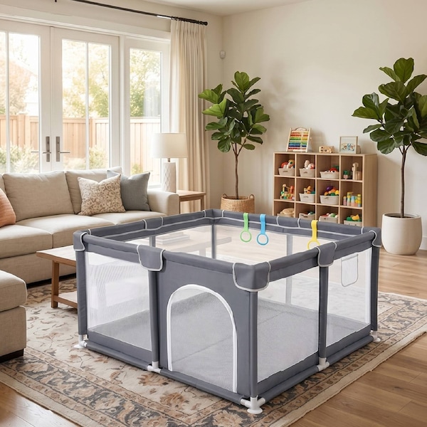 BoPeep Baby Playpen 127x127cm 150x180cm Mesh Play Pen 150D Oxford Grey 127cmx127cmx65cm