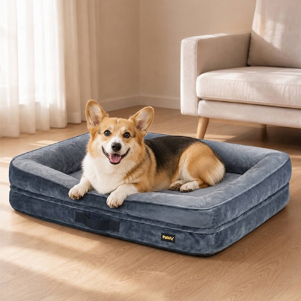 PaWz Large Dog Bed Orthopedic Dog Bed Bolstered Support Flannel Velvet Grey L