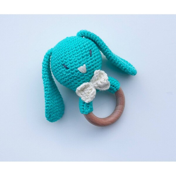 DLUX Baby Floppy Cotton Bunny Hand Crocheted Rattle Aqua