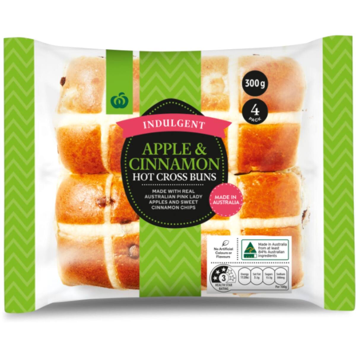 Woolworths Indulgent Apple and Cinnamon Hot Cross Buns 4 Pack bunch