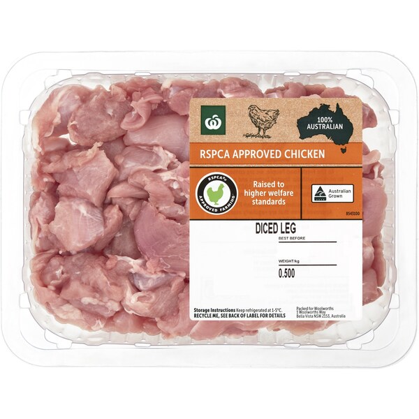 Woolworths RSPCA Approved Chicken Leg Fillet Diced 500g
