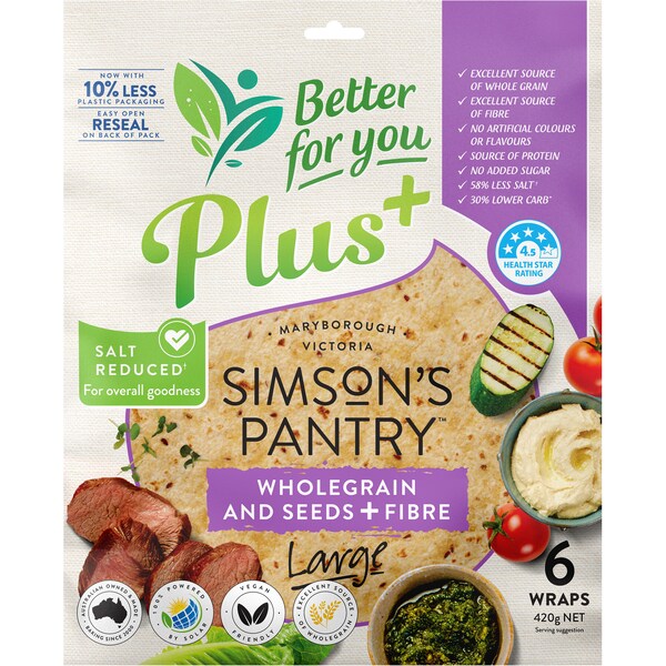 Simson's Pantry Wholegrain & Seeds Plus Fibre Large Wraps 6 pack
