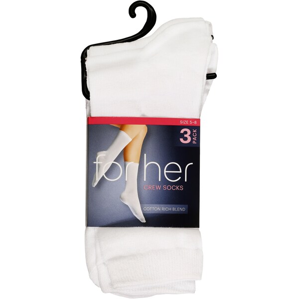 Woolworths Ladies Crew Socks White Sizes 2-8 3 Pack