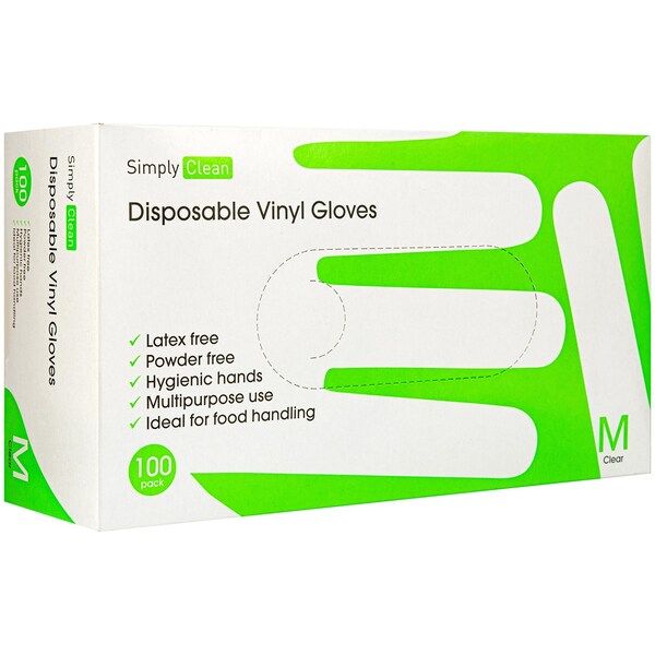 Simply Clean Disposable Vinyl Gloves Medium Clear 100 Pack