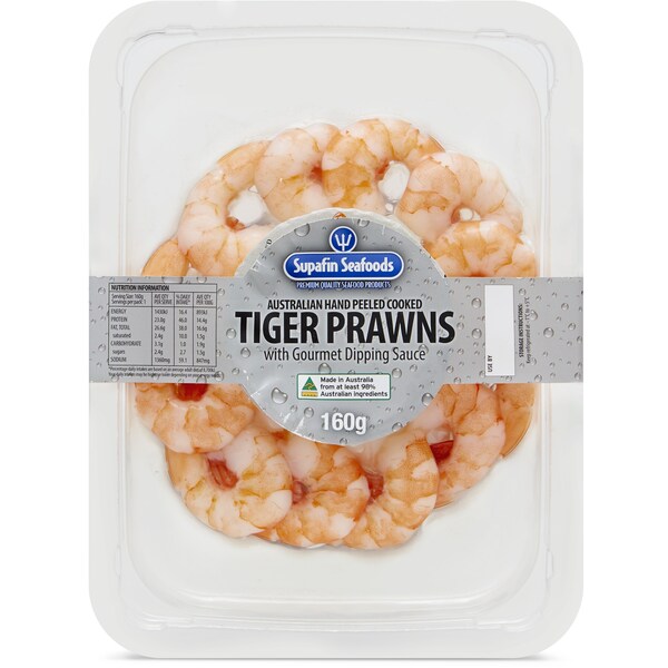 Supafin Seafoods Australian Hand Peeled Cooked Tiger Prawns 160g