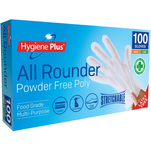 Hygiene Plus All Rounder Powder Free Poly Gloves M/L 100 pack