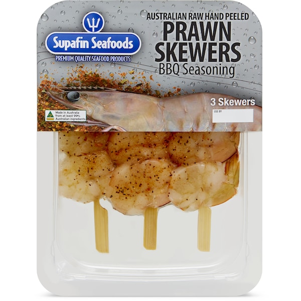 Supafin Seafoods Australian Raw Hand Peeled Prawn Skewers Bbq Seasoning 3 Pack