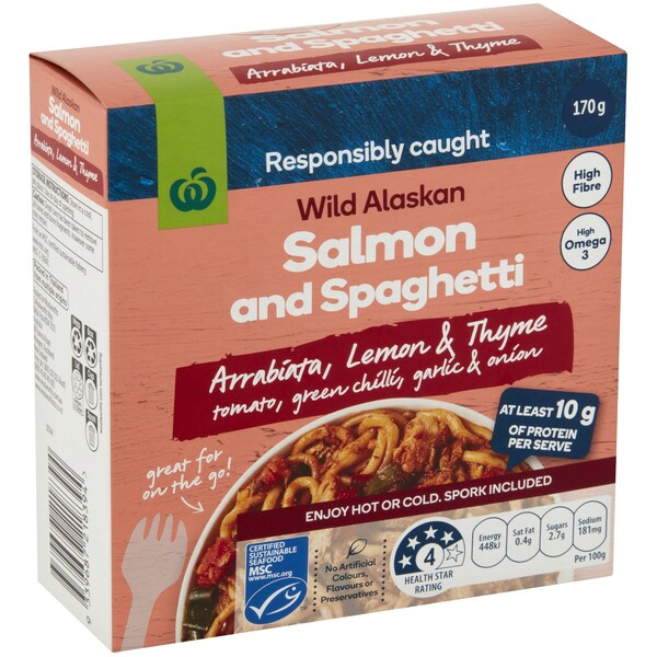 Woolworths Wild Alaskan Salmon & Spaghetti Arrabiata 170g