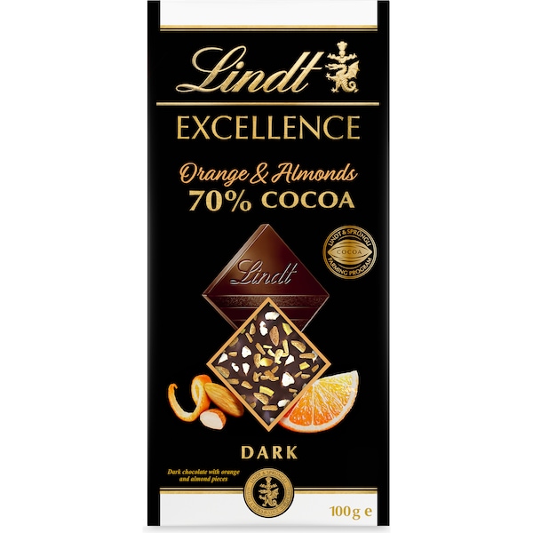 Lindt Excellence 70% Cocoa Orange & Almonds Dark Chocolate Block 100g