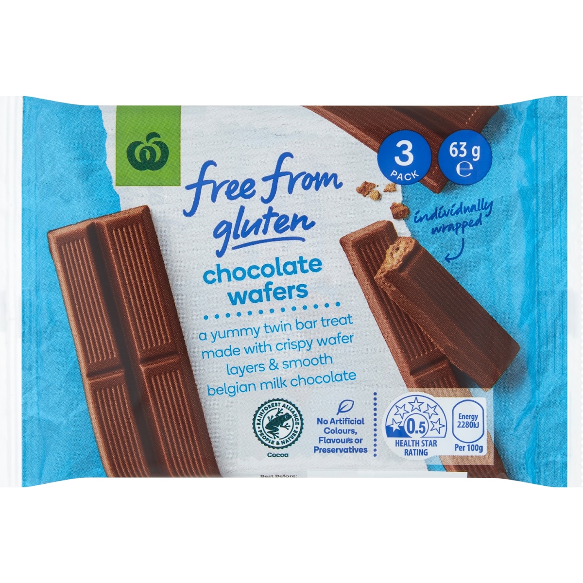 Woolworths Free From Gluten Choc Coated Wafer 63g bunch