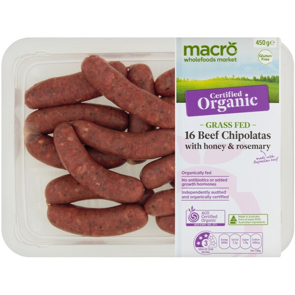Macro Organic Beef Chipolatas With Honey & Rosemary 450g
