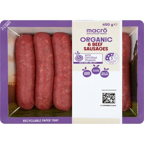 Macro Organic Grass Fed Beef Sausages 450g bunch