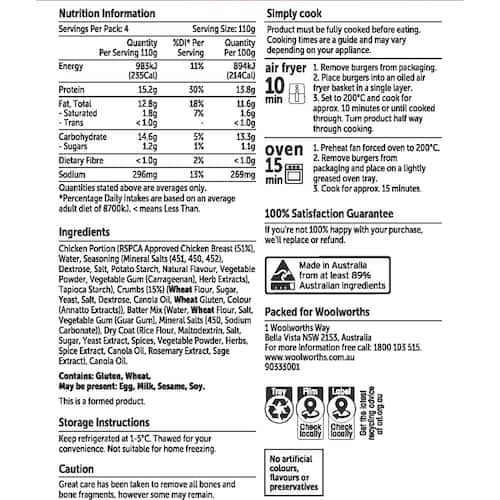Woolworths Crumbed Chicken Burgers 440g bunch