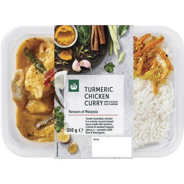 Woolworths Turmeric Chic Curry, Coconut Rice & Sambal Chilled Meal 350g