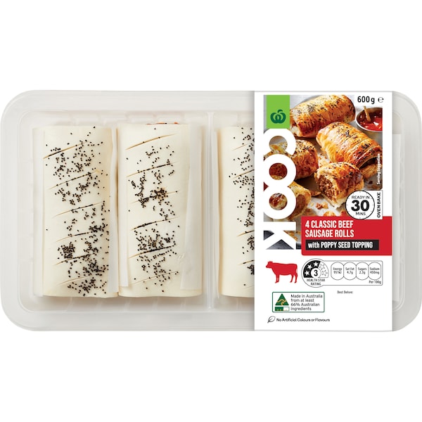 Woolworths Cook Classic Beef Sausage Rolls With Poppy Seed Topping 600g
