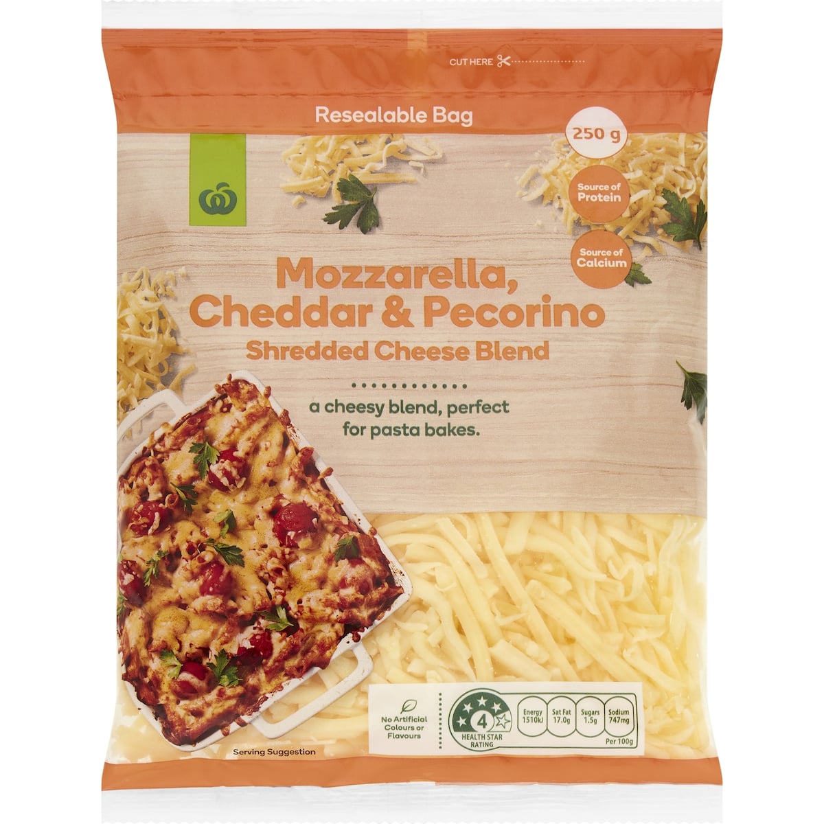 Woolworths Shredded Mozzarella Cheddar and Pecorino Blend 250g bunch
