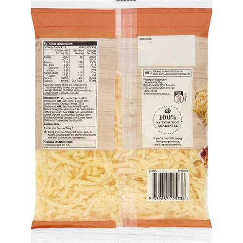 Woolworths Shredded Mozzarella Cheddar and Pecorino Blend 250g bunch