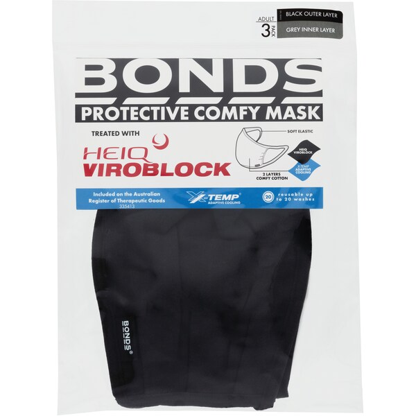 Bonds Protective Comfy Face Mask Adult Black 3 pack
