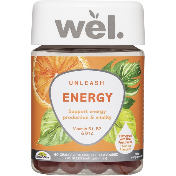 Wel. Unleash Energy Gummies Orange & Passionfruit 60 pack