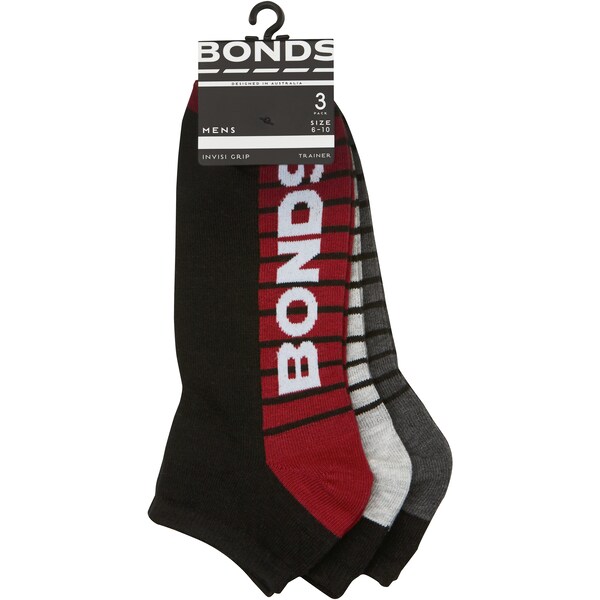 Bonds Socks Mens Logo Trainer Size 6-10 3pk 3 Pack
