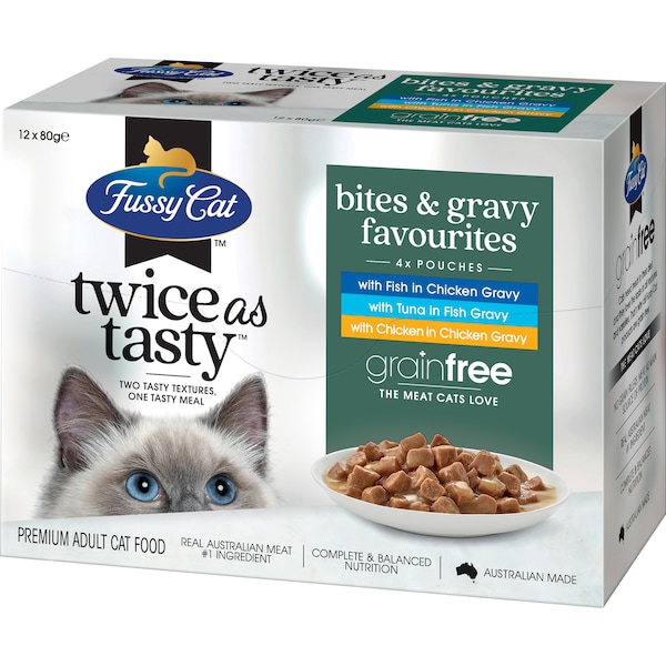 Fussy Cat Grain Free Adult Wet Cat Food Bites & Gravy Favourites 80g x12 Pack