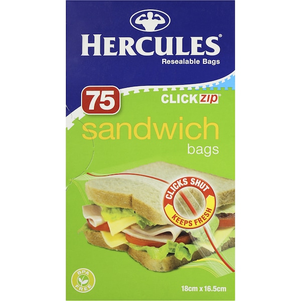 Hercules Click Zip Resealable Sandwich Bags 75 pack